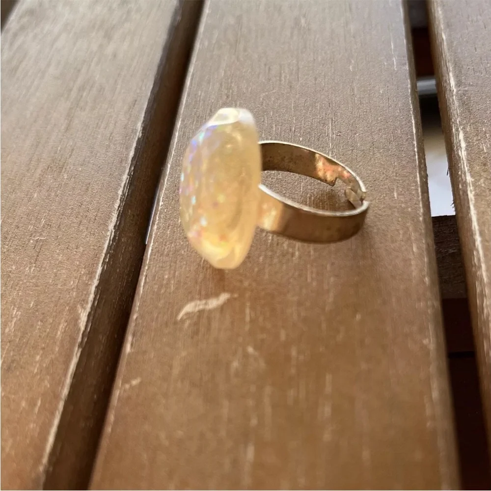 Yellow Green Glitter Faceted Resin Dome Circle Ring Adjustable Metal Handmade